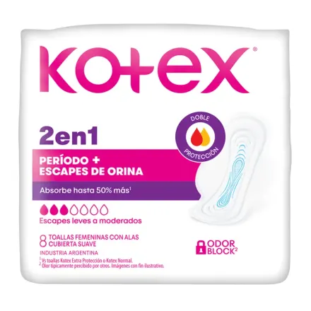 Kotex 2 En 1 Periodo + Escapes De Orina x Paq (8)