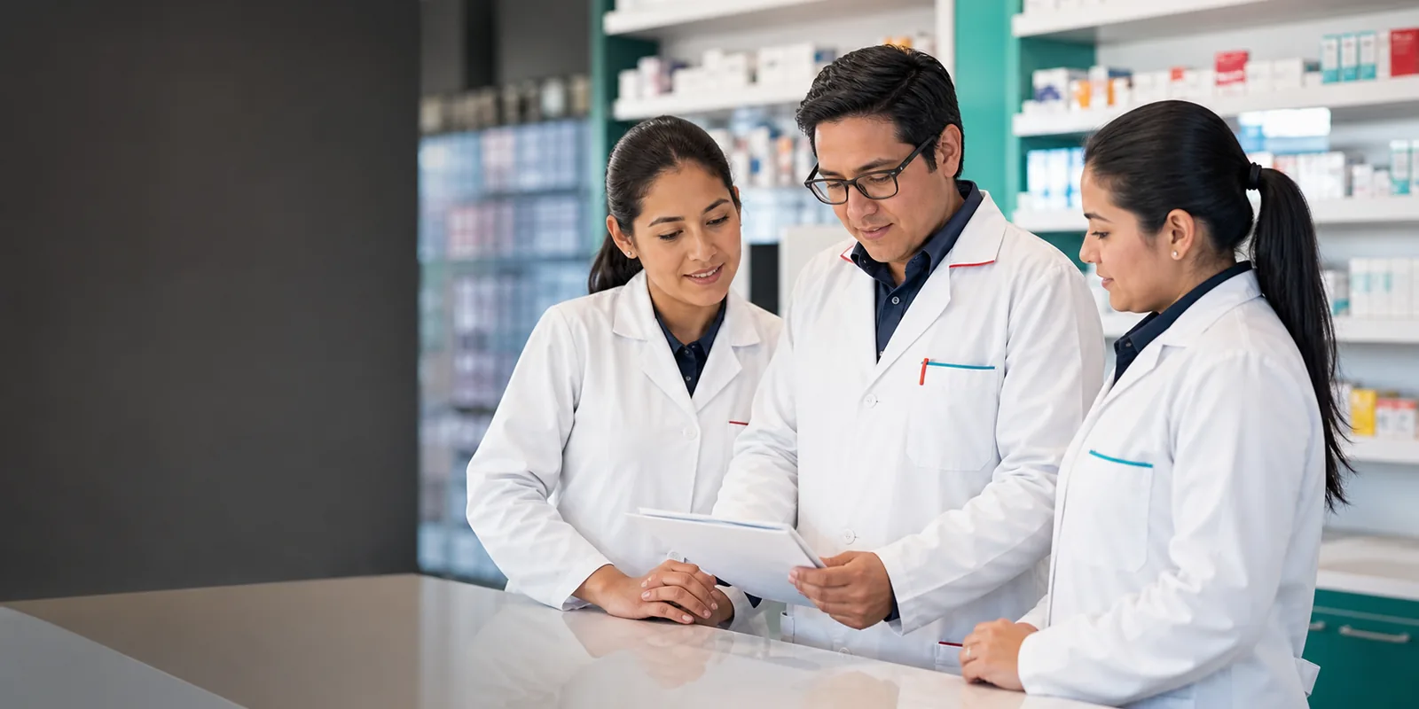 Equipo de farmacia colaborando en un mostrador